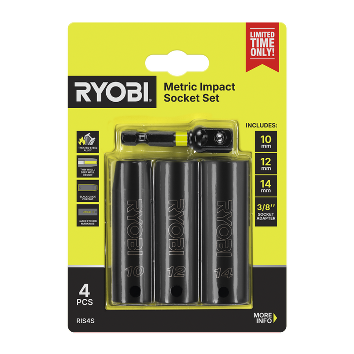 Ryobi 3/8" 4-Piece Metric Deep Impact Socket Set