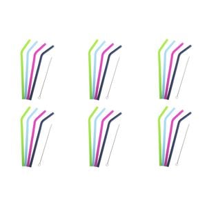 6x 4pc Appetito Silicone Bent Drinking Straws w/Brush 4 Asst. Colours