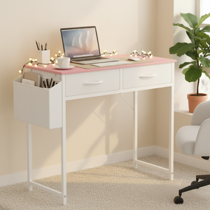 Ufurniture 80cm Home Office Computer Desk Study Table with Drawers & Side Pockets Vanity Desk with Hooks Pink