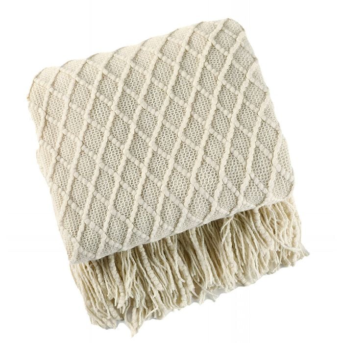 Anycozy Beige Faux Cashmere Knit Plaid Sofa Throw with Tassels 130x230cm