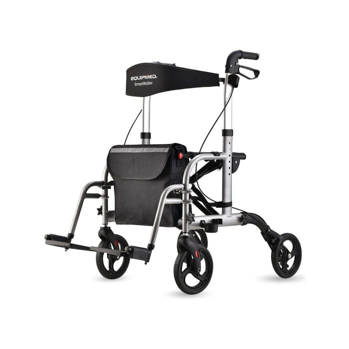 EQUIPMED 2-in-1 Folding Rollator Wheelchair Adjustable Mobility Walker w/ Park Brakes & Bag, Silver