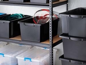 Plastic storage boxes.