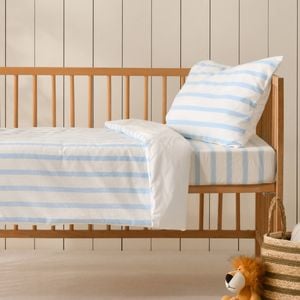 Dreamaker Baby Bask Washed Cotton Yarn Dyed Stripe Quilt Cover Set Sky Cot