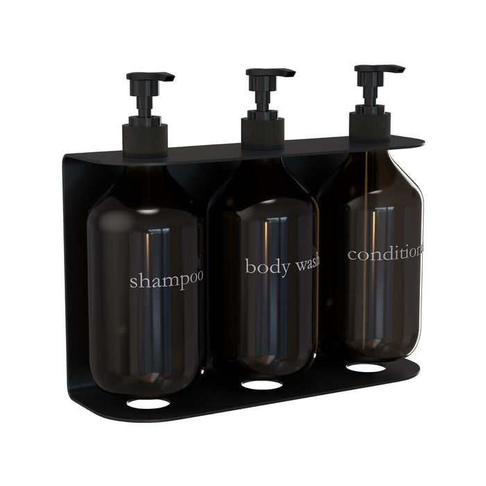 Living Elements Bathroom Black & Amber Wall Mounted Triple Soap Bottle Holder & Bottles 