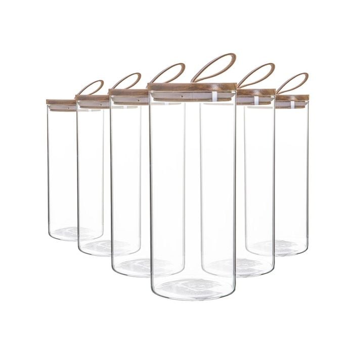 Argon Tableware Glass Storage Jars with Wooden Lids - Leather Loop - 1.5 Litre - Pack of 6