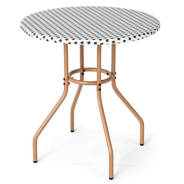 Costway 70cm Outdoor Bistro Dining Table PE Rattan Round Patio Side Table w/Heavy Duty Metal Frame-White