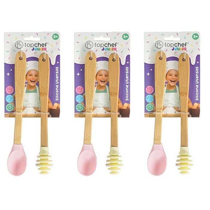 3x 2pc Topchef Silicone/Bamboo Spoon & Honey Dipper Kids Baking Set Assorted