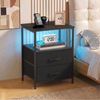 Ufurniture Nightstand with LED Light and Charging Station Industrial End Table 2 Fabric Drawers and Open Shelf Black
