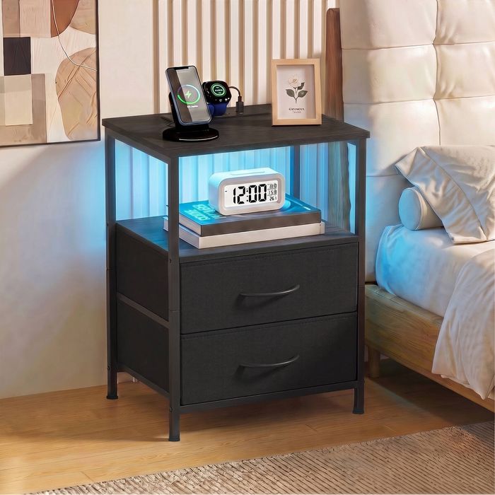 Ufurniture Nightstand with LED Light and Charging Station Industrial End Table 2 Fabric Drawers and Open Shelf Black