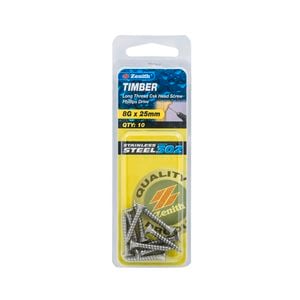 Zenith 8G x 25mm Stainless Steel Timber Screw - 10 Pack