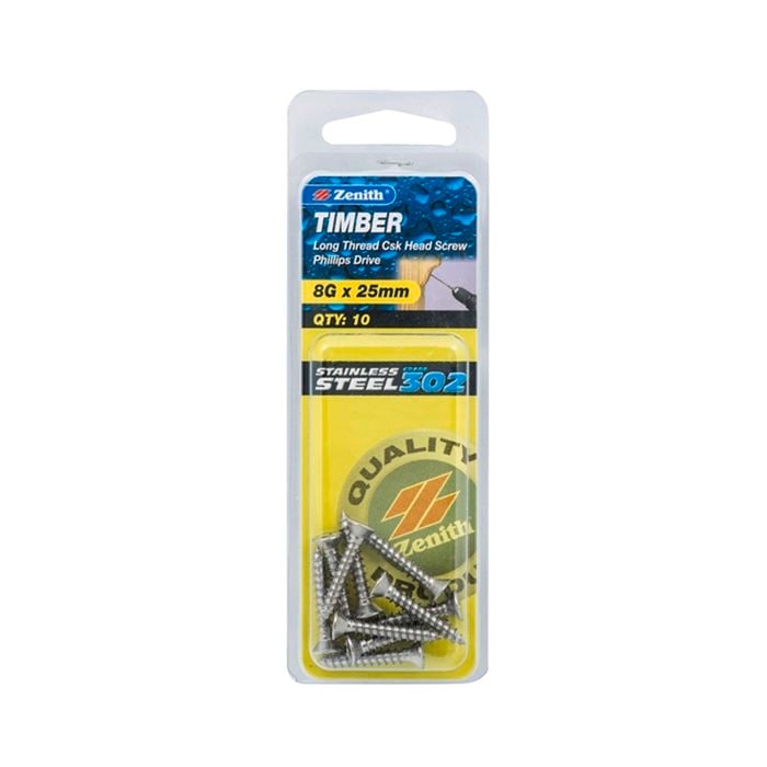 Zenith 8G x 25mm Stainless Steel Timber Screw - 10 Pack