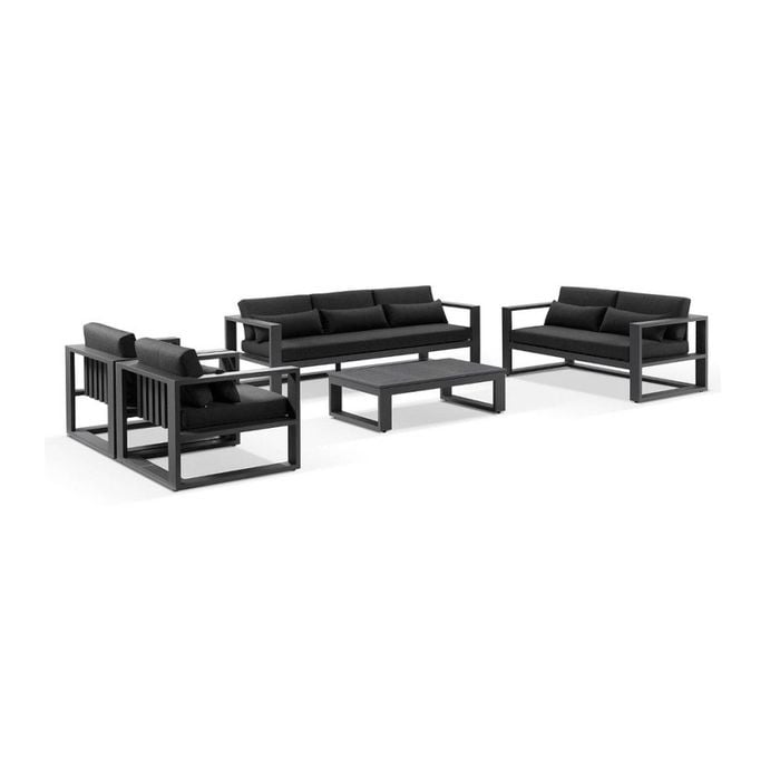 Santorini 3+2+1+1 Outdoor Aluminium Lounge Set Charcoal With Coffee Table & Denim Grey Cushions