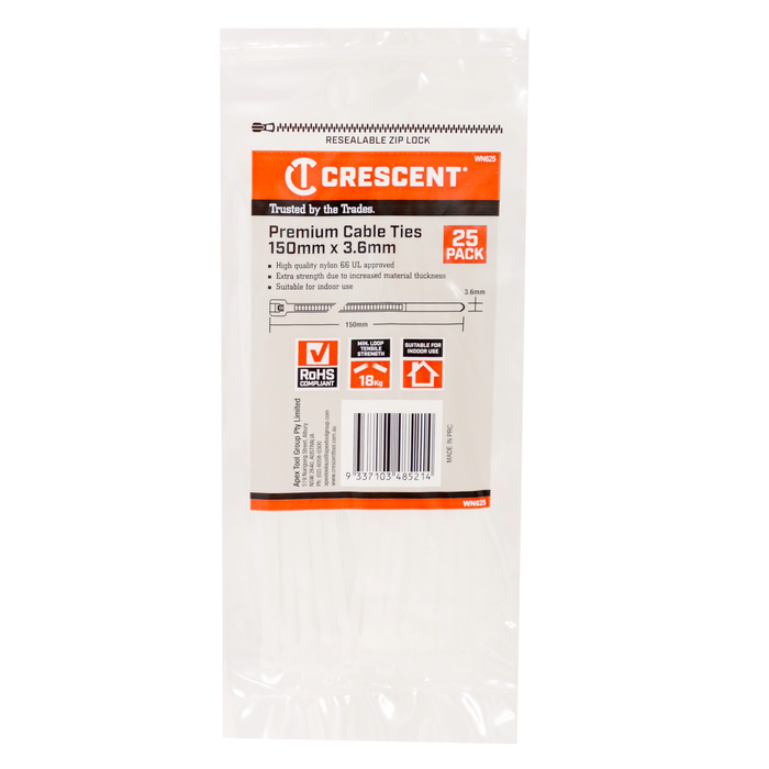 Crescent 150 x 3.6mm White Cable Ties - 25 Pack