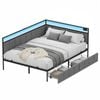 Advwin Corner Double Bed Frame With 2 Storage Drawers And Charging Station Led Lights Gray