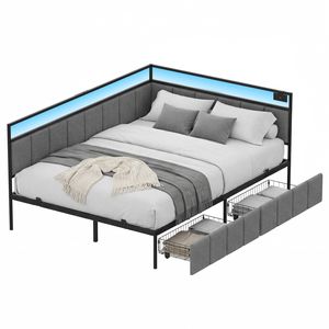Advwin Corner Double Bed Frame with 2 Storage Drawers and Charging Station LED Lights Gray