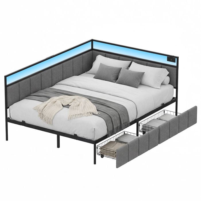 Advwin Corner Double Bed Frame With 2 Storage Drawers And Charging Station Led Lights Gray