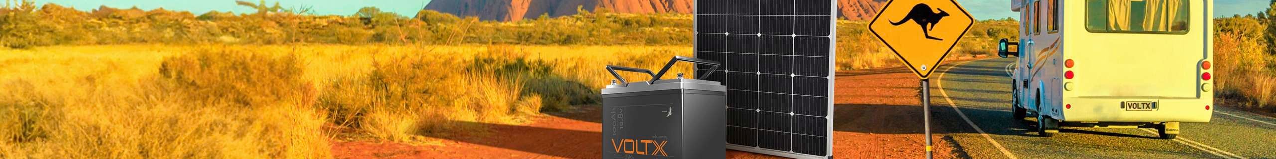 Header image of VoltX battery with camping and caravanning in shot