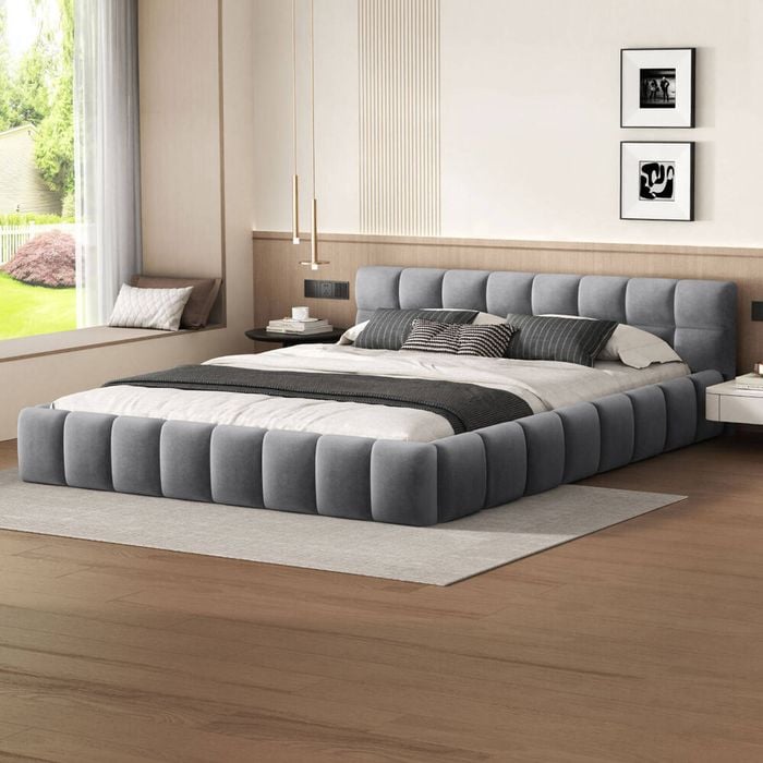 ALFORDSON Bed Frame Double Grey Velvet