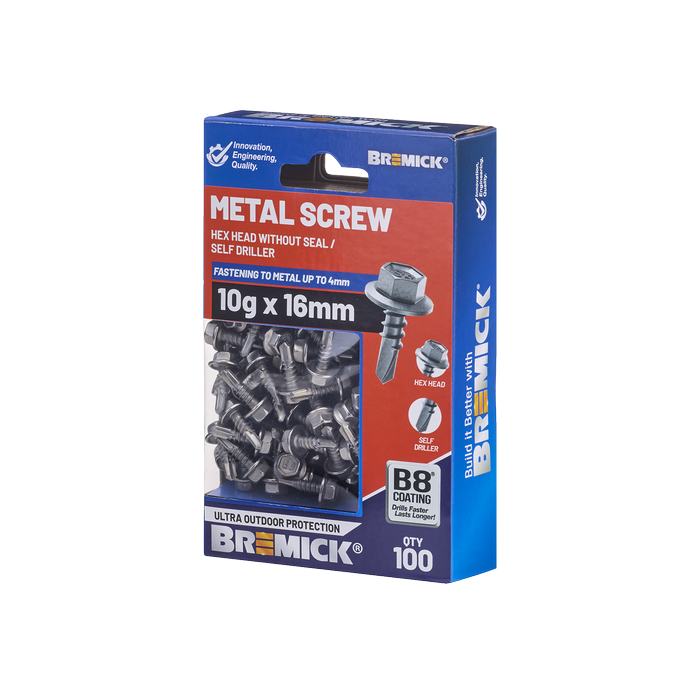 Bremick Metal Hex Screw 10g x 16mm B8 BOX 100