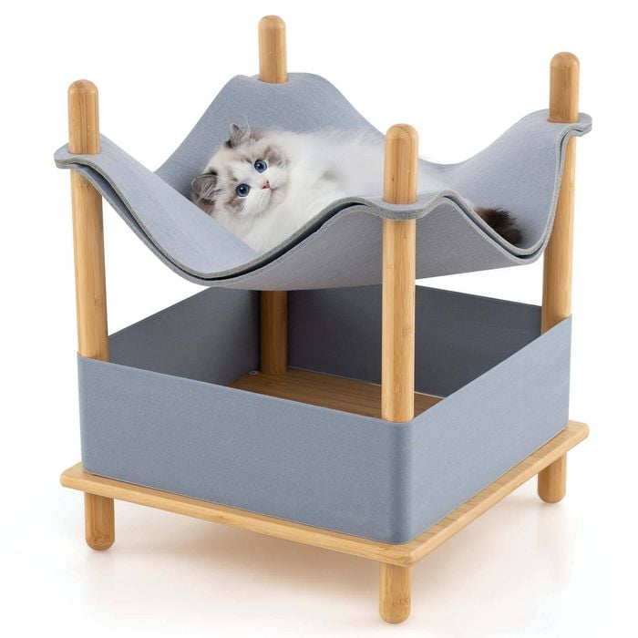 Costway 2-tier Bamboo Cat House Small Pet Bed Kittens Play Center Furniture