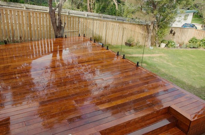 Timber decking with glass fencing and two feature pots with lush plants.