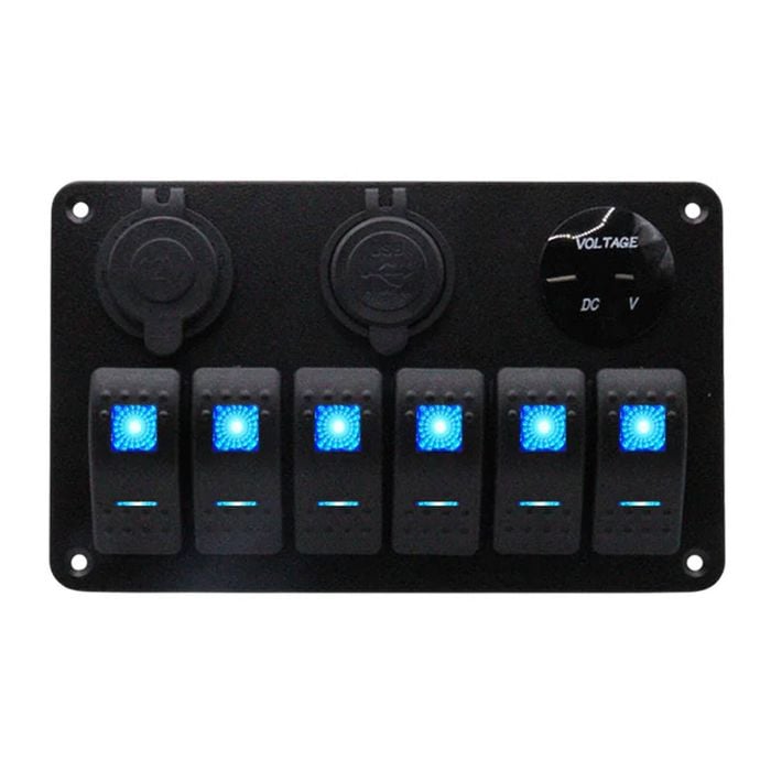 Exotronic 12/24V 6x LED Rocker, Voltmeter, Accessory/Cigarette, Dual USB Socket Marine Switch Panel