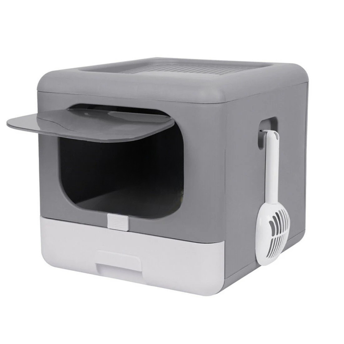 P&P Elegant Grey Enclosed Cat Litter Box with Dual Entry Filter Folding Portable Design