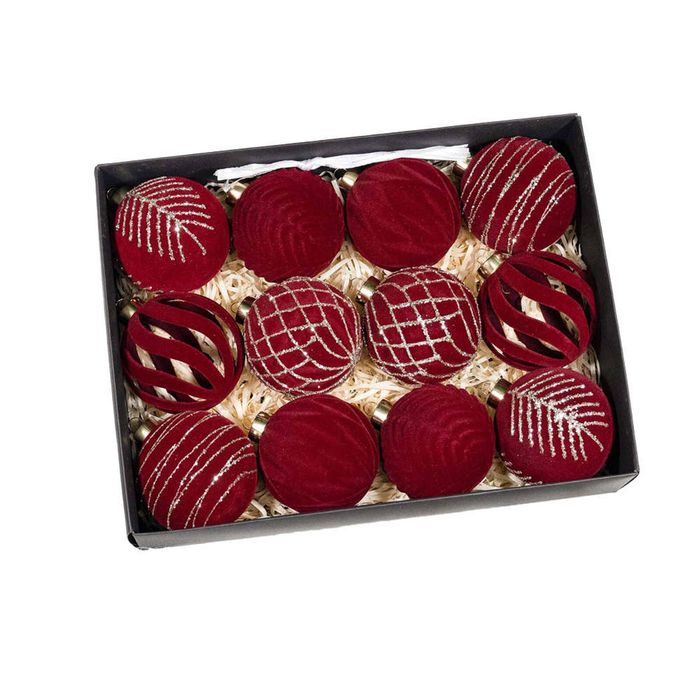 Catzon 12 Pcs Flocked Christmas Balls Ornaments 8CM for Xmas Tree Holiday Wreath Garland Decor-Wine Red