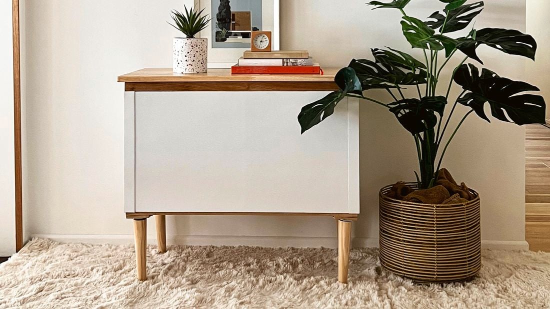 Cabinet sitting in hallway next to plant 