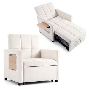 Advwin 3 in 1 Single Sofa Bed Velvet Convertible Pull Out Bed w/ USB Type-C Port & Side Table Beige