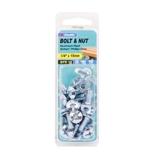 Zenith 1/4" x 15mm Zinc Plated Mushroom Head Bolt And Nut - 15 Pack