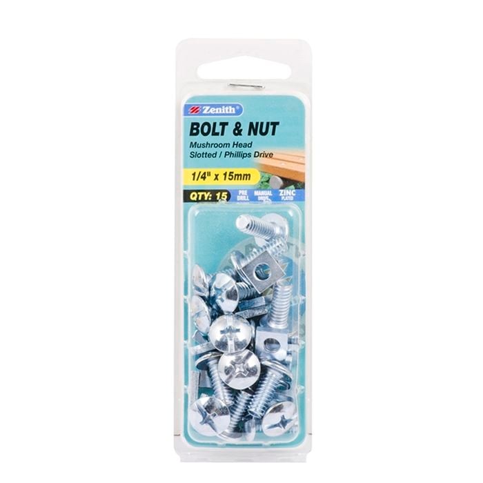 Zenith 1/4" x 15mm Zinc Plated Mushroom Head Bolt And Nut - 15 Pack