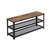 HOMFURN 3-Tier Shoe Bench with Storage Mesh Shelves Wood Seat - Rustic Brown