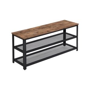 HOMFURN 3-Tier Shoe Bench with Storage Mesh Shelves Wood Seat - Rustic Brown
