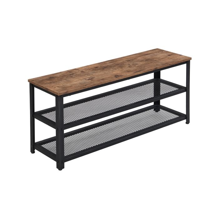HOMFURN 3-Tier Shoe Bench with Storage Mesh Shelves Wood Seat - Rustic Brown