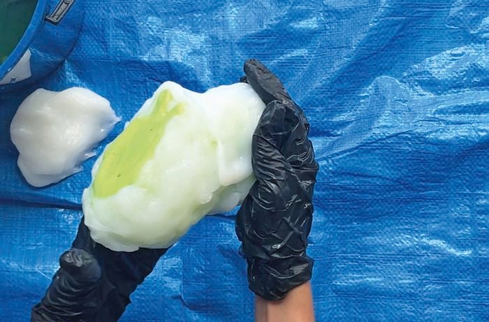 Person wearing black rubber gloves holding a white rabbit