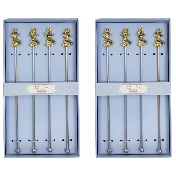 2x LVD 4pc Metal 22cm Cocktail Stirrer Mermaid Set - Silver/Gold