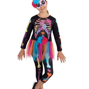 Rubies Skeleton Girl Neon Costume Child Jumpsuit Tutu Eyemask Flowers - Neon
