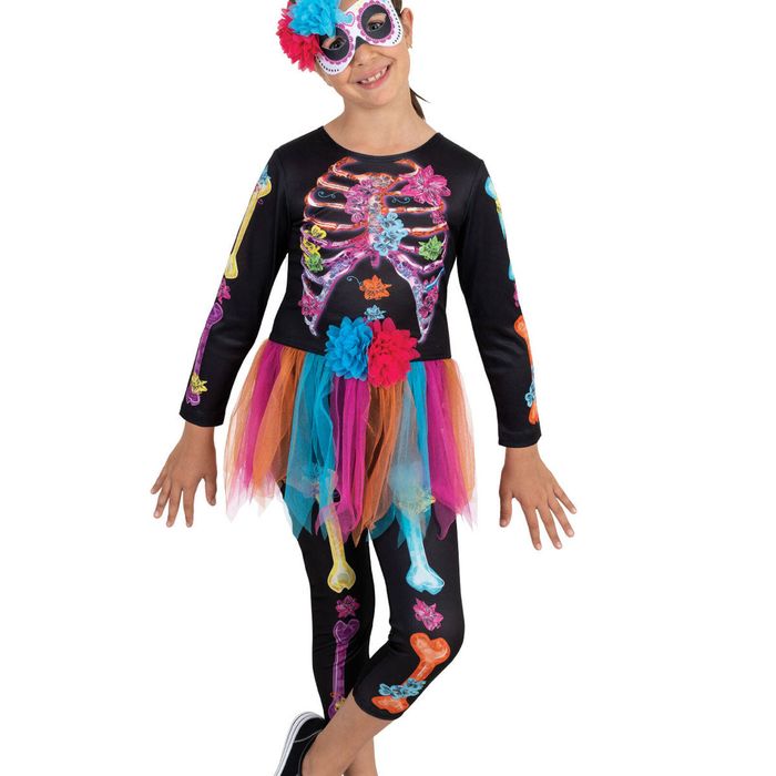 Rubies Skeleton Girl Neon Costume Child Jumpsuit Tutu Eyemask Flowers - Neon