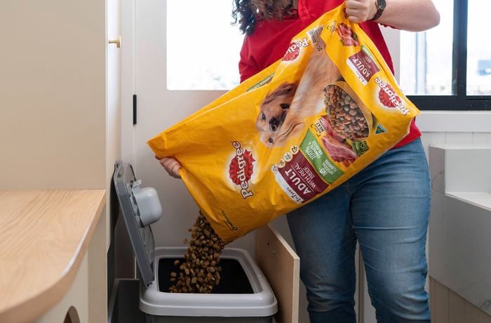 A person is pouring dry dog food from a large Pedigree bag into a storage container with a lid.