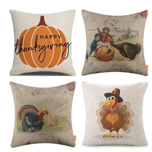 Catzon 4 Pcs Autumn Throw Pillow Covers Linen Thanksgiving Day Decor-Set 5