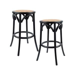 Aster 2pc Round Bar Stools Dining Stool Chair Solid Birch Wood Rattan Seat Black