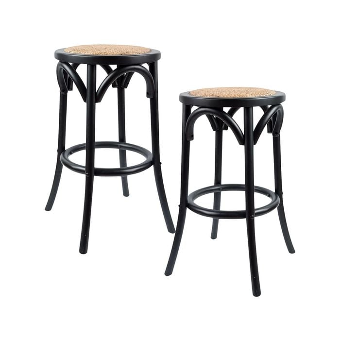 Aster 2pc Round Bar Stools Dining Stool Chair Solid Birch Wood Rattan Seat Black