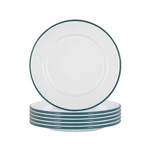 Argon Tableware 25.5cm Enamel Dinner Plates - Green Rim - Set Of 6 - 10inch Large Dish Plates Metal Enamel Tableware Dinner Set