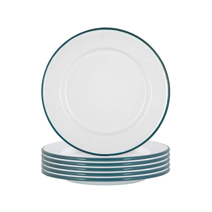 Argon Tableware 25.5cm Enamel Dinner Plates - Green Rim - Set Of 6 - 10inch Large Dish Plates Metal Enamel Tableware Dinner Set