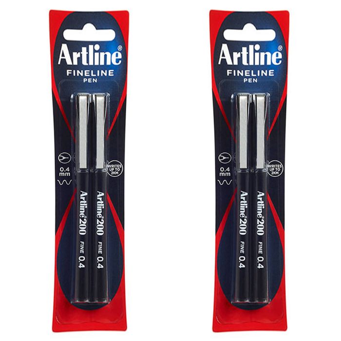 2x 2pc Artline Fineline 200 Fine 0.4mm Line Width School Drawing Writing Pen Blk