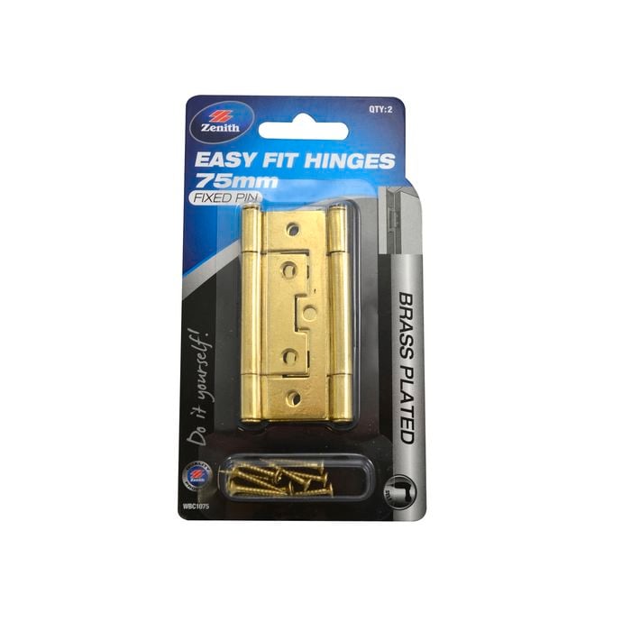 Zenith Easy Fit Hinge 75mm Brass 2pk