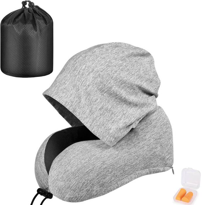 Catzon Travel Neck Pillow with Hood Memory Foam for Neck Support-F05-Light Grey