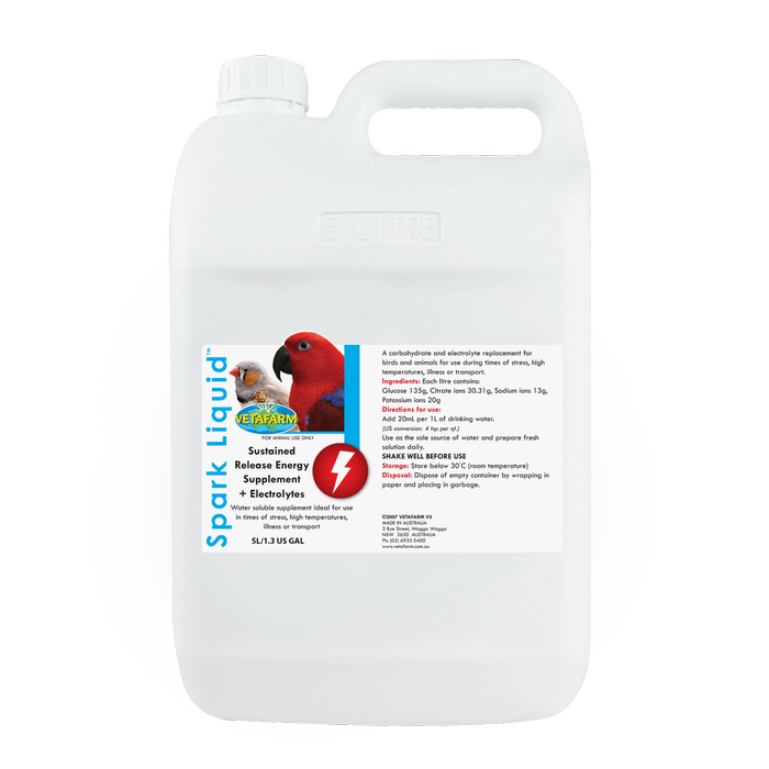 Vetafarm Spark Liquid Energy Supplement + Electrolytes for Birds 5L