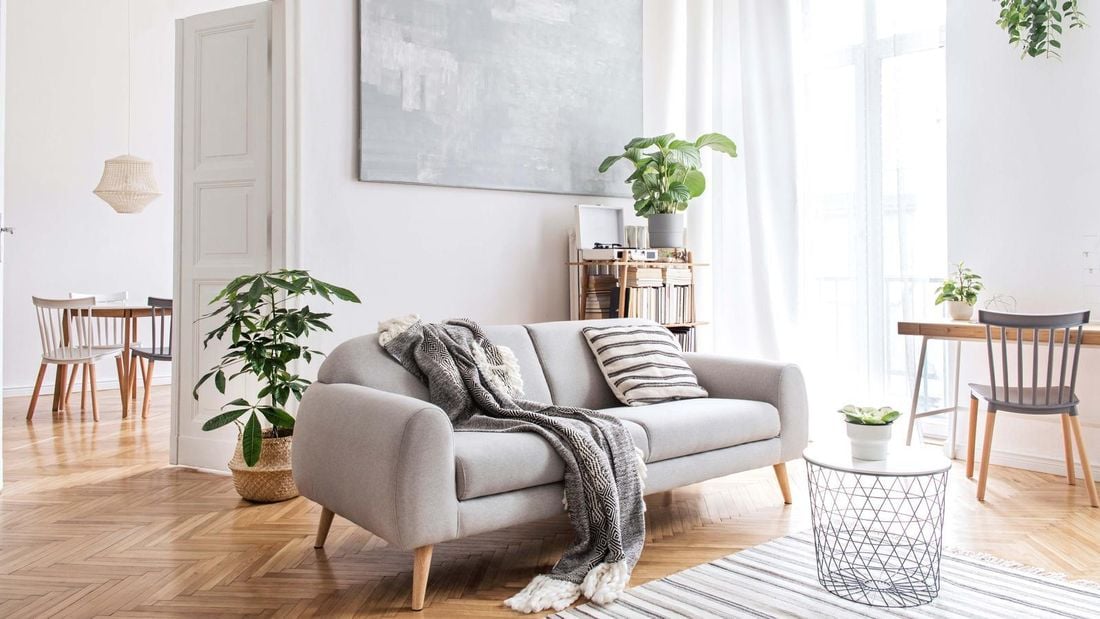 Couch with cushions and a rug in a lounge room